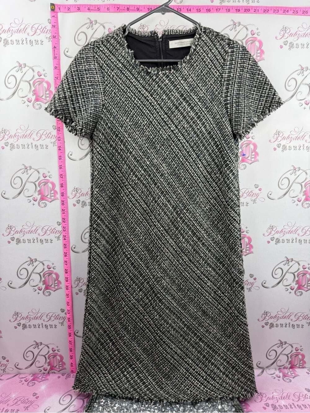 Simons dress distressed trim Black and White Tweed Short-Sleeve Shift Dress